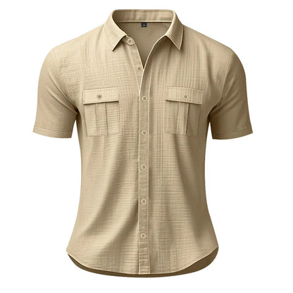 Men's Cotton Linen Short-Sleeved Shirt Summer Solid Color Stand-Up Collar Casual Beach Style plus Size S-5XL