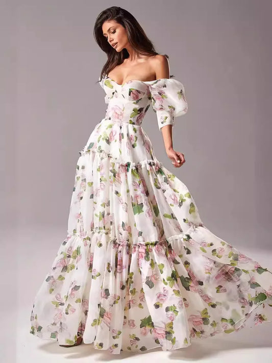 Elegant Floral Print Evening Party Dresses Women Charming A-line Off Shoulder Boat Neck Loose Short Sleeve Prom Gowns Robe Dress