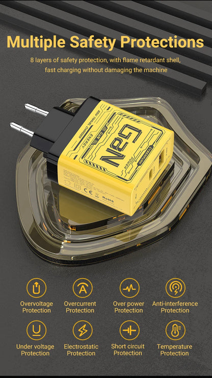 EU/US Plug PD65W GaN Fast Charger with Type-C and USB-A Interface Universal Dual Port Wall Charger Plug for Phones/Pads/Laptops