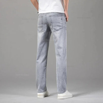 Summer Elastic Men's Jeans Fashion Gray Comfortable Business Straight Stretch Cotton Casual Denim Pants Brand Male Thin Trousers