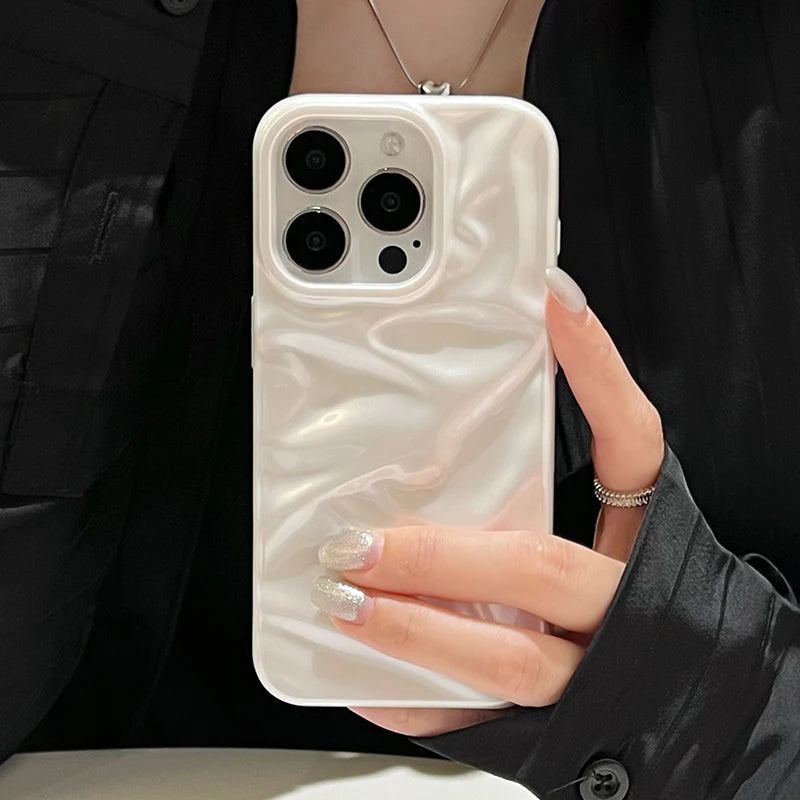 Pearl White Folds Texture Case For iPhone 16 13 14 11 12 Pro Max 15 Plus Stylish Glossy Soft TPU Phone Back Cover