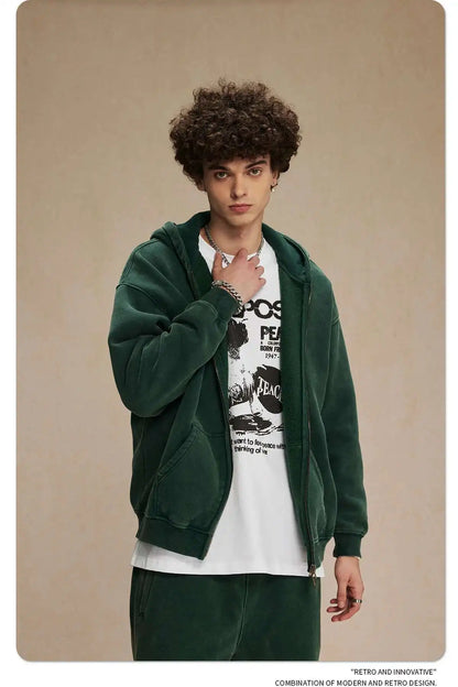 IEFB Men's Wear Wax Printing Vintage Male Hoodies Oversized Loose Zipper Water Washed Plush Sweatshirt Trendy New 9C9349