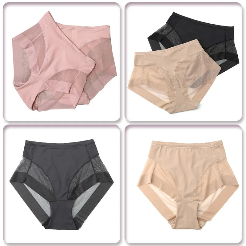 Sexy Mid Rise Womens Underwear Transparent Mesh Panties Waist Cincher Comfortable Ice Silk Large Size