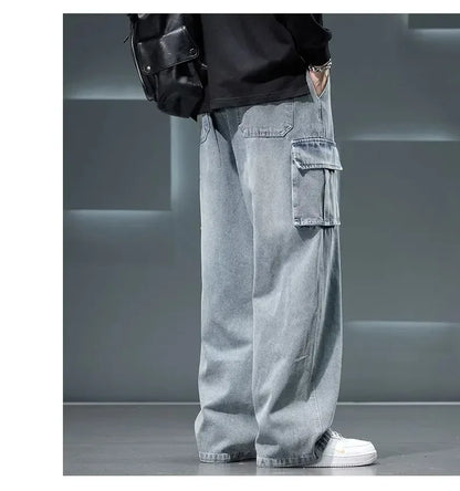 8XL Jeans New Wide Leg Washing Pants Men Trousers Neutral Solid Color Loose Casual Korean Fashion Pocket Plus Size Cargo Pant