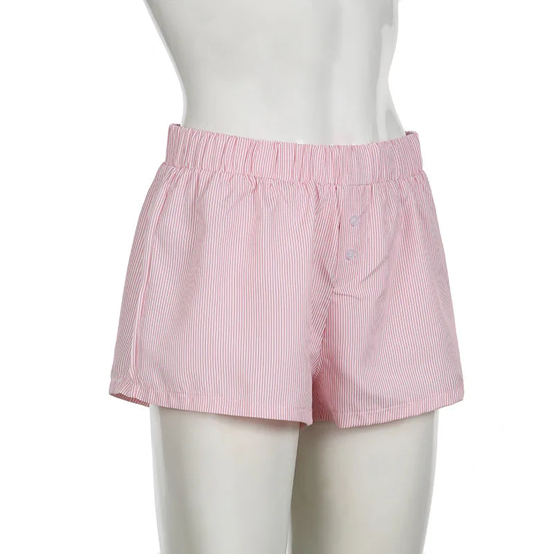 Women's Striped Print Casual Elastic Waist Shorts Y2K Loose Fit Summer Streetwear Chic Basic Fashion Button Detail