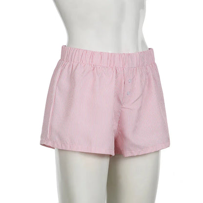 Women's Striped Print Casual Elastic Waist Shorts Y2K Loose Fit Summer Streetwear Chic Basic Fashion Button Detail