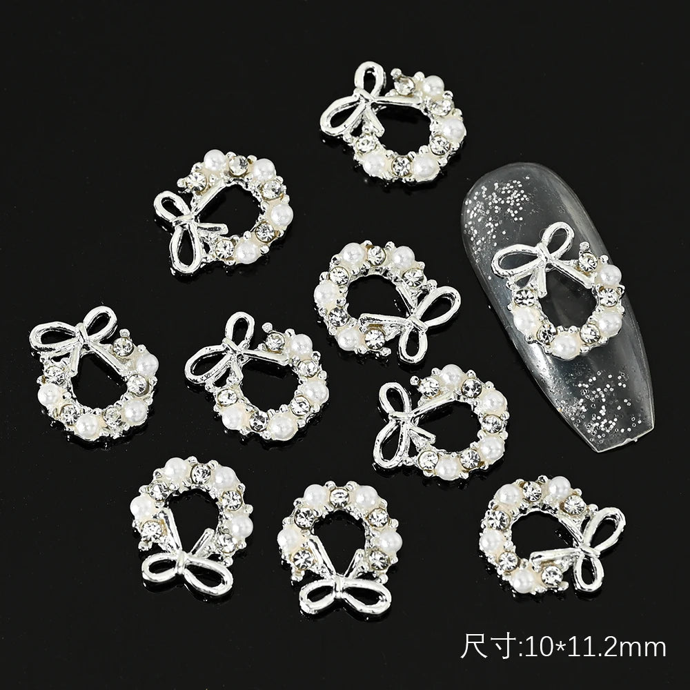 10Pcs Christmas Garland Bow 3D Nail Art Charms Sparkly Alloy Gold/Silver Wreath Design Jewelry Luxury Manicure Rhinestone Parts