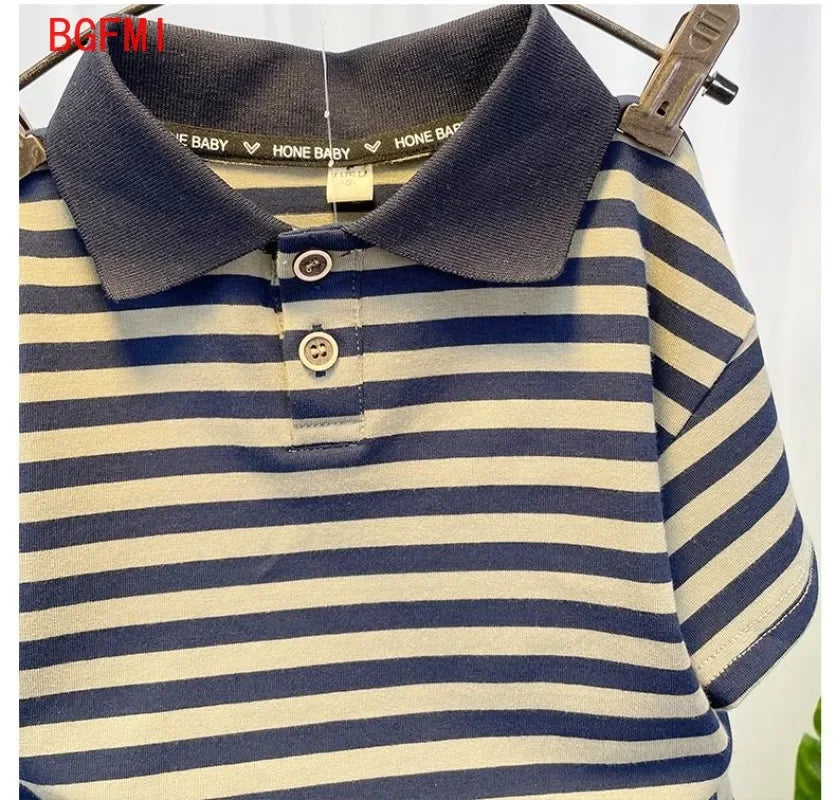 Korean Children's Clothes 2025 Summer Kids Clothes Boys Outfits Baby Thin Short Sleeves Stripe Polo Shirt +Shorts Two Pieces Set