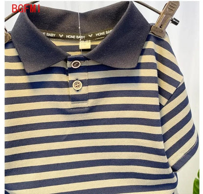 Korean Children's Clothes 2025 Summer Kids Clothes Boys Outfits Baby Thin Short Sleeves Stripe Polo Shirt +Shorts Two Pieces Set