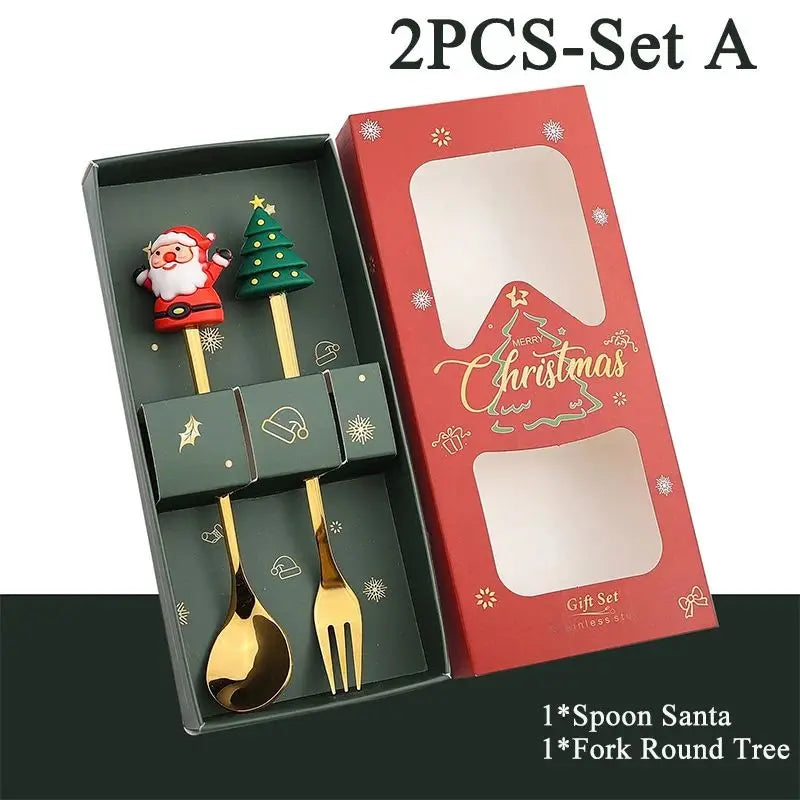 Christmas Themed Cutlery Set Stainless Steel Creative Cartoon Knife Fork Spoon 2/4/6pcs Set Holiday Gift Cutlery Decoration