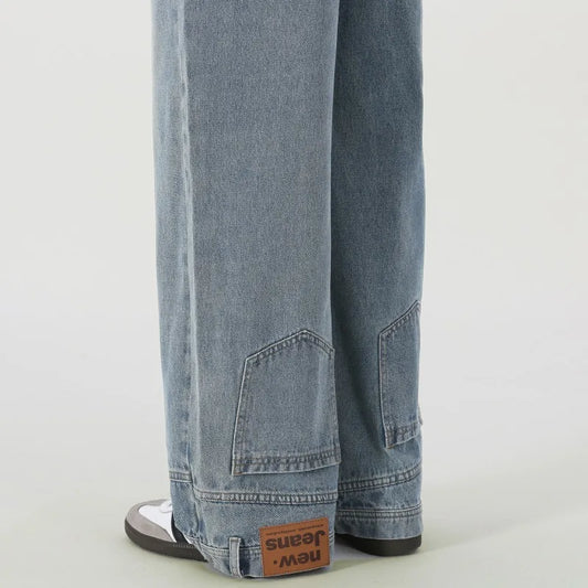 Vintage American Retro Reverse Side Turned Denim Jeans Men Women Couple Straight Wide Leg Baggy Drag Pants Trendy