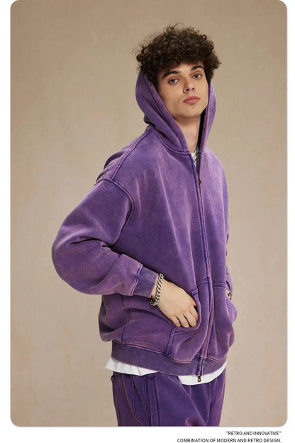 IEFB Men's Wear Wax Printing Vintage Male Hoodies Oversized Loose Zipper Water Washed Plush Sweatshirt Trendy New 9C9349