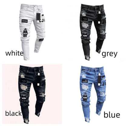 White Embroidery Skinny Ripped Jeans Men Cotton Stretchy Hole Slim Fit Hip Hop Denim Pants Casual Jeans for Men Jogging Trousers