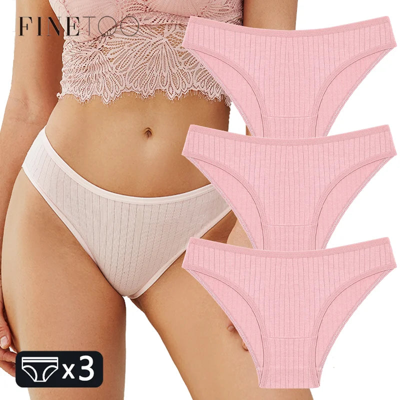 FINETOO 3PCS/SET Women's Cotton Panties Soft Striped Underpants Sexy Solid Color Briefs Female Comfortable Stretch Lingerie M-XL