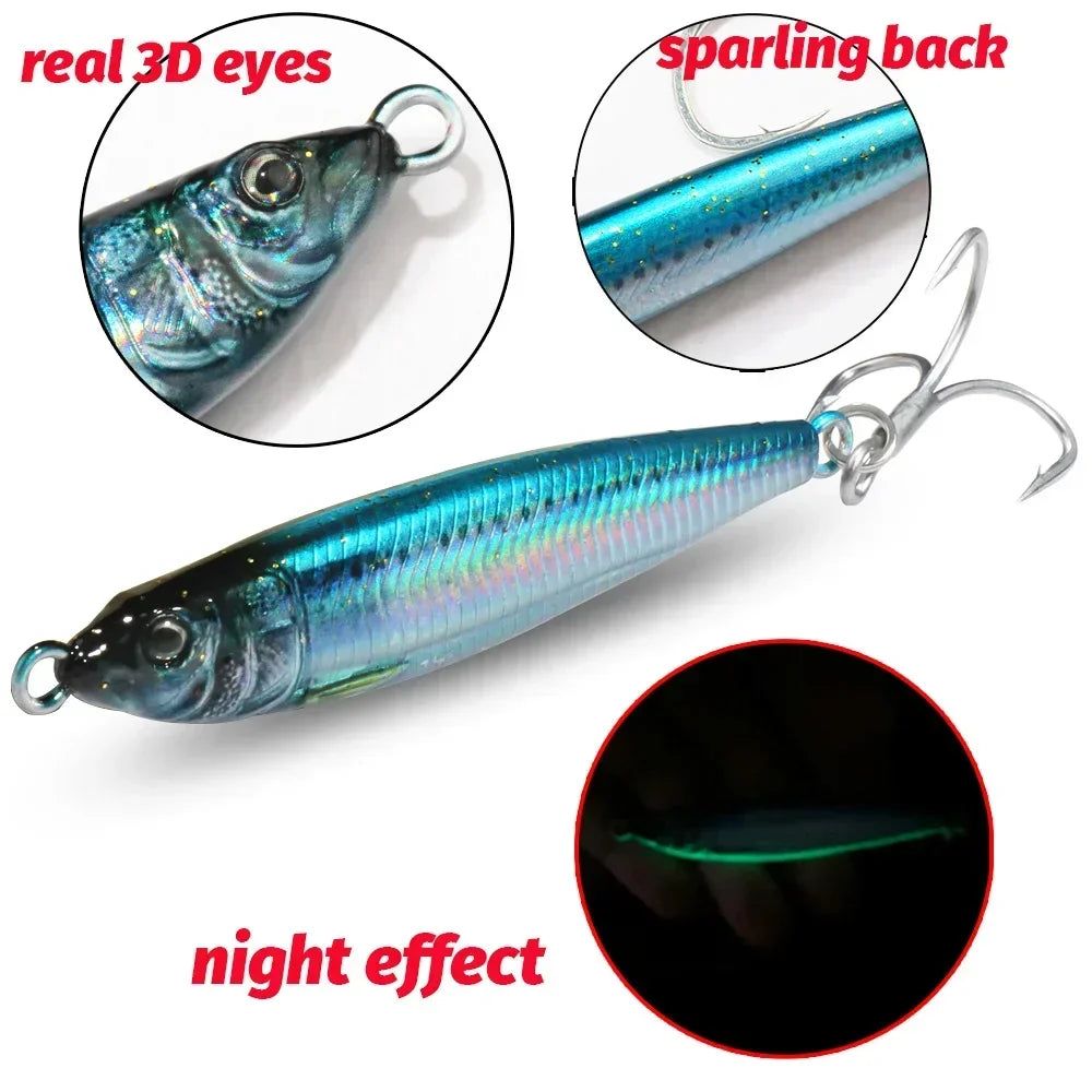 Metal Jig Bait 20g 30g 40g Spinner Sinking 3D Eye Color Laser Spinning Gear Luring Cast Fishing Tackle Blade Hook Pesca VIB Lure