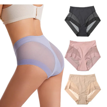 Sexy Mid Rise Womens Underwear Transparent Mesh Panties Waist Cincher Comfortable Ice Silk Large Size