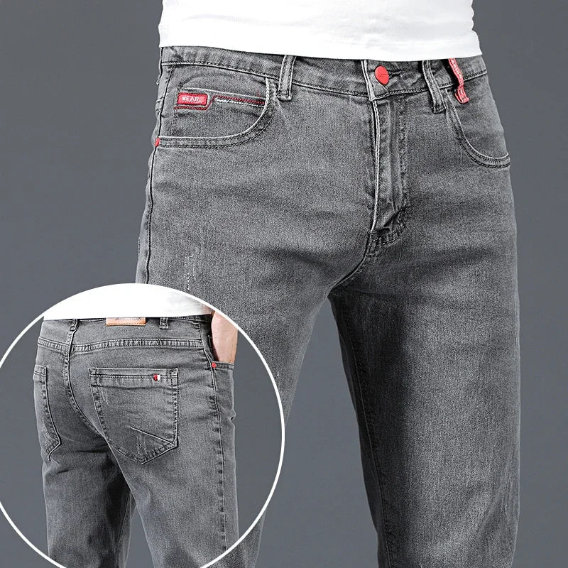 2024 New Men's Cotton Business Casual Skinny Jeans Trendy Fashionable Stretch Straight Slim Denim Trousers Male Blue Grey