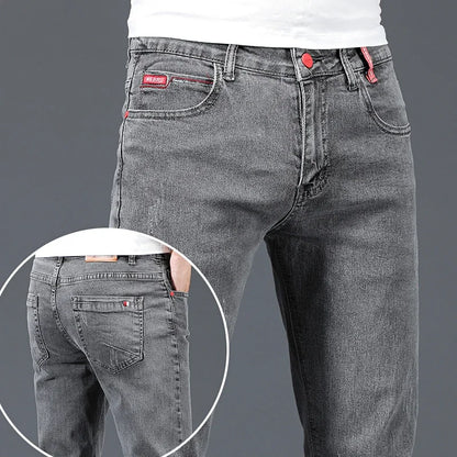 2024 New Men's Cotton Business Casual Skinny Jeans Trendy Fashionable Stretch Straight Slim Denim Trousers Male Blue Grey