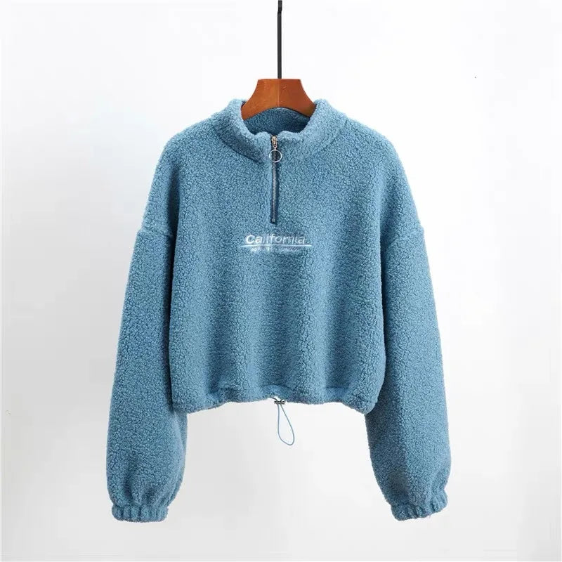 Women Letter Embroidery Stand Neck Fleece Cropped Hoodies Autumn Long Sleeve Drawstring Sweatshirt New Casual Plush Velvet Tops