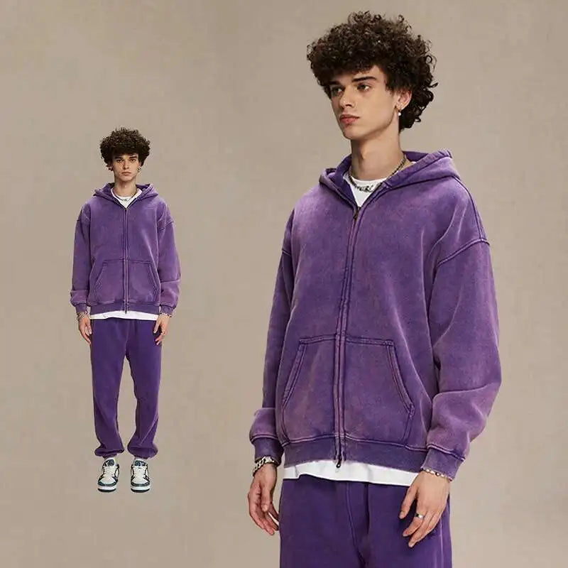 IEFB Men's Wear Wax Printing Vintage Male Hoodies Oversized Loose Zipper Water Washed Plush Sweatshirt Trendy New 9C9349