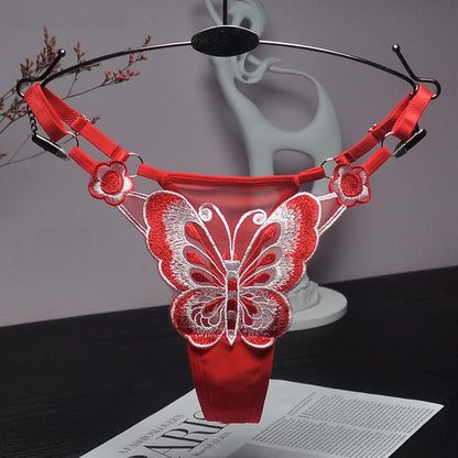 Sexy Lace Thong Women Butterfly Low Waist Panties G strings Transparent Mesh Briefs Adjustable Waist Panties Culotte Femme