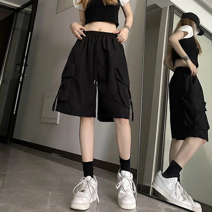 ZOKI Women High Waist Cargo Shorts American Style Streetwear Summer Wide Leg Pants Fashion Female Big Pocket Loose Shorts New