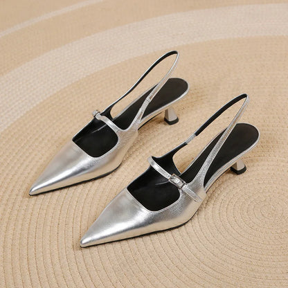 Shoes for Women 2025 New Pointed Toe Women's High Quality Slingback Sandals Simple and Elegant Dress Shoes Silver Heels Women