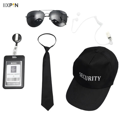 Agent Accessories Set Tie Earplugs Work Brand Glasses Hat Secret Security Service Costume for Teens Adults Cosplay Game Party