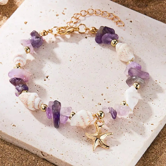 Bohemian Starfish Pendant Bracelet for Women – Handmade Crushed Stone Beaded Summer Beach Jewelry