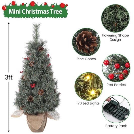 3 Ft Tabletop Prelit Christmas Tree, Small Lighted Xmas Tree with Burlap Base,Pine Cones,Red Berries,78 Led Lights