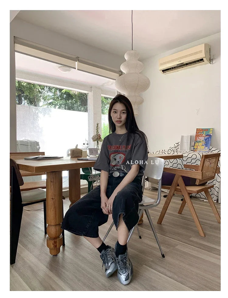 Harajuku Vintage High Waist Black Retro Washed Denim Shorts Women's Fashion Casual Loose Fit Y2K Streetwear Mid Long Short