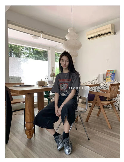 Harajuku Vintage High Waist Black Retro Washed Denim Shorts Women's Fashion Casual Loose Fit Y2K Streetwear Mid Long Short