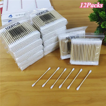 100Pcs/Pack Baby Cotton Swabs Wooden Stick Soft Tip Buds for Ear Nose Cleaning 1-20 Packs Infants Kids Hygiene Care Beauty Tools