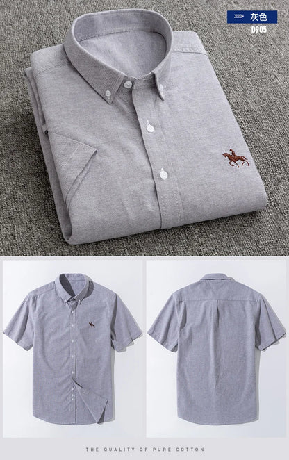 100% Pure Cotton Oxford Shirt For Men’s Short Sleeve Solid Stripe Leisure Embroidered Horse Social Business Formal Dress Shirts