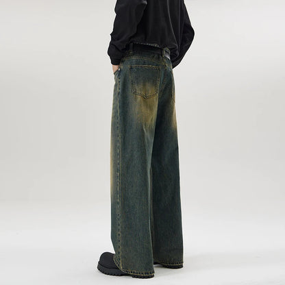 Vintage Distressed Men's Baggy Straight Jeans Spring Autumn Korean High Street Moustache Effect Denim Pants Streetwear Trousers