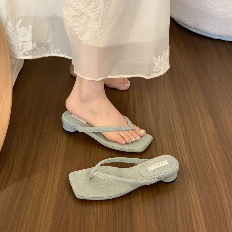 Shoes for Women 2024 New Women's Slippers Summer Square head Thick Soled Women Wedge Beach Shoes Simple Flip-flops Zapatos Mujer