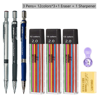 Mechanical Pencil Set 2.0 mm with 2B Black/Colors Lead Refill For Writing Sketching Art Drawing Painting School Automatic Pencil