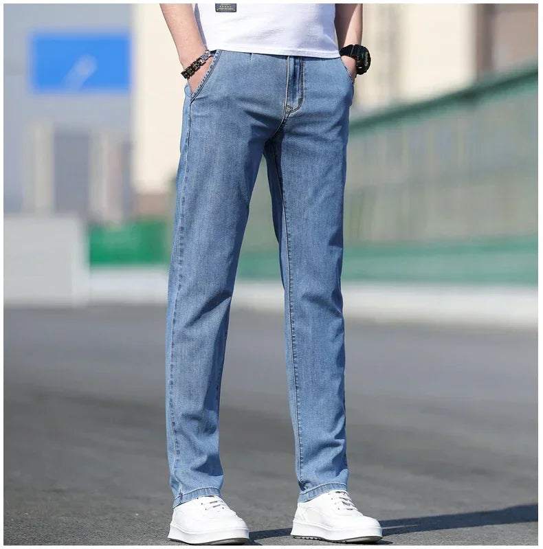 KUBRO 2024 Summer New Men's Loose Stretch Gray Jeans Fashion Casual Stretch Straight-leg Denim Pants Male Light Blue Brand