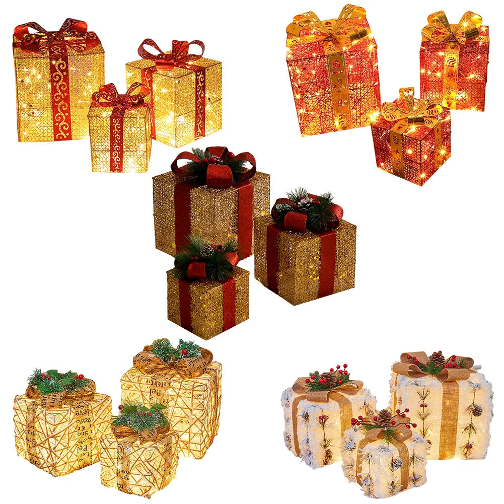 Christmas Foldable Lighted Metal Boxes 25/20/15CM Set of 3 Battery Operated for Outdoor Indoor Christmas Tree/Yard/Home Decor