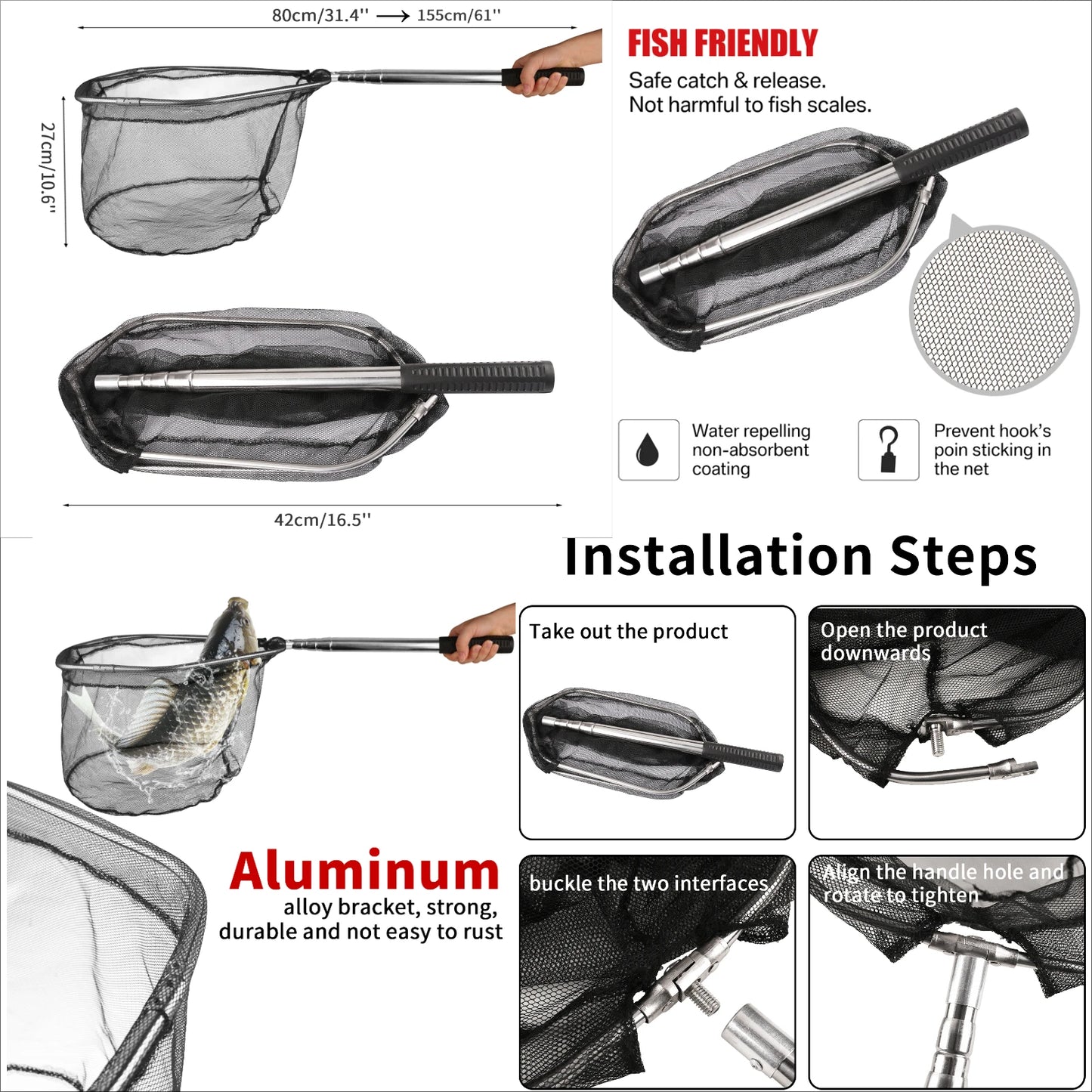 Fishing Landing Net Aluminum Alloy Durable Telescoping Extend to 190cm/130cm/55cm Folding Mesh Safe Fish Catching Releasing