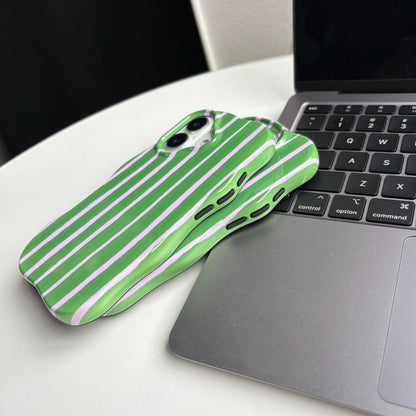 Fashion Simple Green Yellow Stripes Wavy Edges 2-in-1 Glossy Soft Protective Phone Case Cover for iPhone 16 15 14 13 12 Pro Max