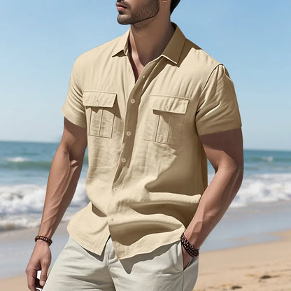 Men's Cotton Linen Short-Sleeved Shirt Summer Solid Color Stand-Up Collar Casual Beach Style plus Size S-5XL