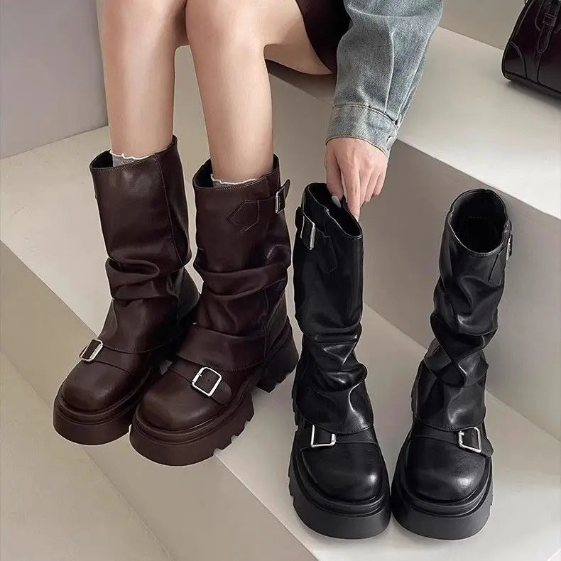 Shoes for Women 2024 Mid-Calf Women's Boots Platform Modern Boots Women Belt Buckle Square Toe Side Zip Square Heel Shoes Female