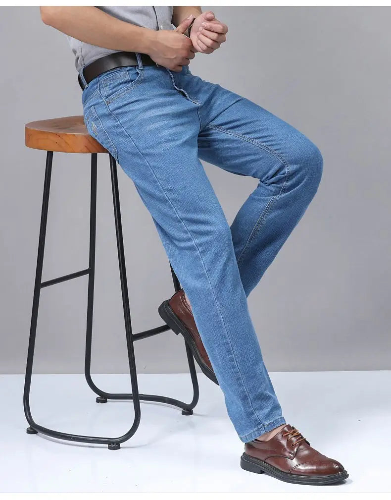 2025 Four Seasons New Men's Denim Business Pants High Quality Good Fabric Comfortable Slimming Straight leg Jeans Light Blue