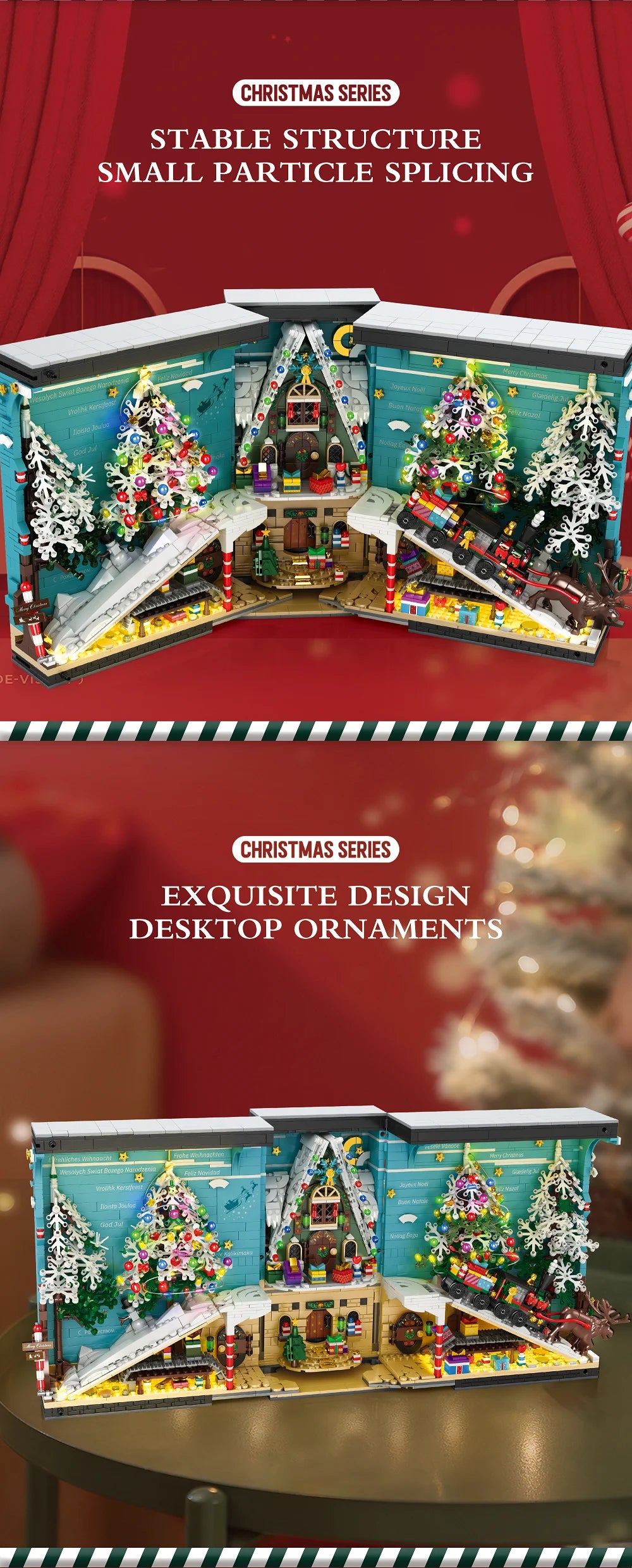 Christmas Bookends Building Blocks,3260 PCS DIY Christmas Tree Elk  Book Nook Blocks Set with LED Light, Gift for Adults 6+ Kids