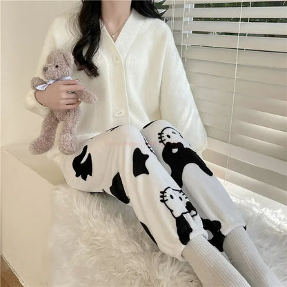 2024 Sanrio Hello Kitty Pajamas Halloween Flannel Fashion Trouserswomen Kawaii Woolen Anime Cartoon Casual Home Pants Autumn