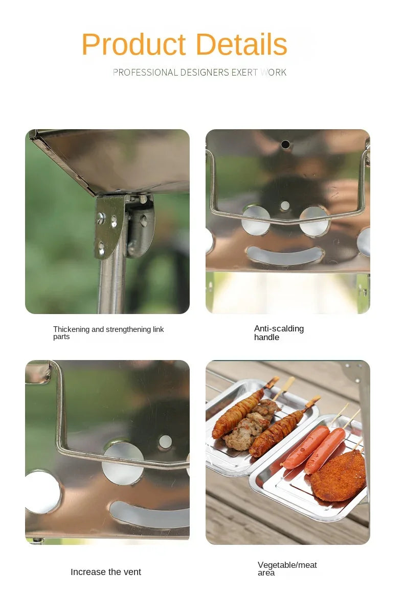 Outdoor Stainless Steel Charcoal Grill Large Size Barbecue Tool Portable Free Installation Handle Folding BBQ Cooking