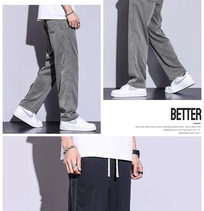 Summer soft Lyocell fabric men's jeans loose straight leg pants drawstring elastic waist Korean casual pants plus size M-5XL