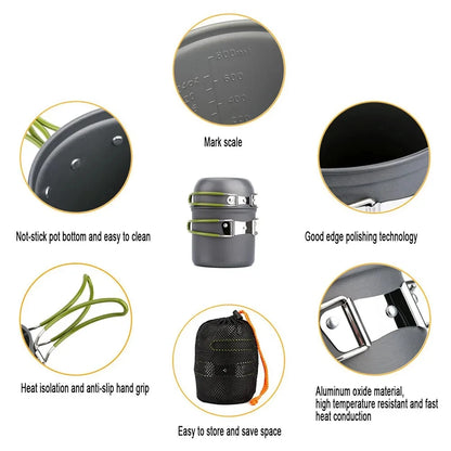 مجموعة أدوات طهي للتخييم، مجموعة أواني تخييم خفيفة الوزن، أدوات طهي خارجية للمشي لمسافات طويلة والرحلات والنزهات وصيد الأسماك وتسلق الجبال