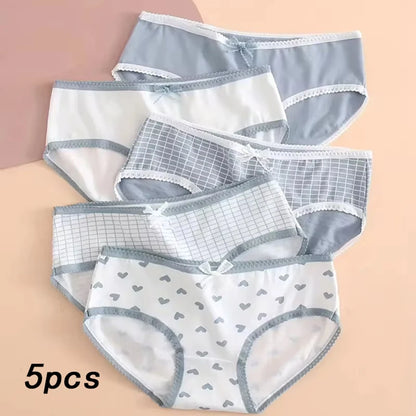 5pcs Women’s Cotton Panties Underwear Briefs Set Cute Bow Heart Plaid Print Soft Breathable Comfy Intimates Lingerie